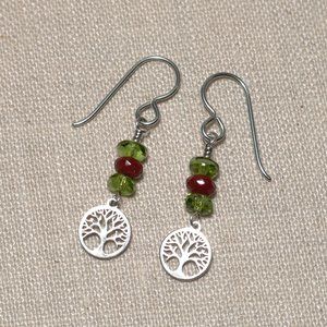 Hand Crafted Handmade Earrings Tree of Life with Red Green Czech Glass B…